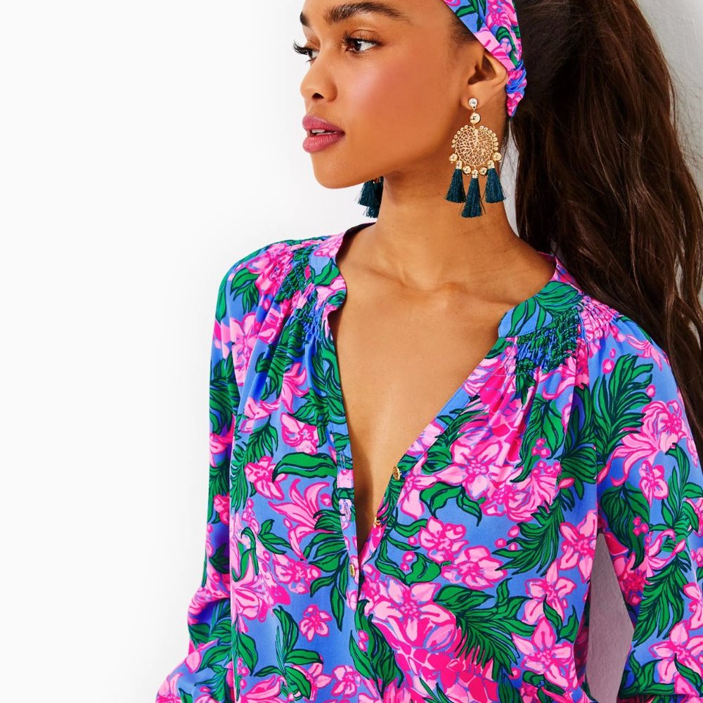 Lilly Pulitzer Elsa Silk Top, Cerise Pink Safari Sunset, Size L
